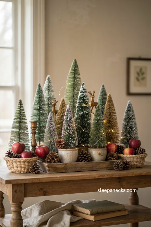 Christmas living room mantel with mini trees pinecones apples and cozy green decor