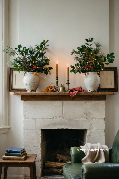 Christmas living room mantel with symmetrical vases holly boxwood and simple elegant decor
