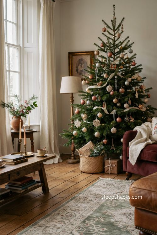 Christmas living room tree with heirloom handmade and vintage ornaments 