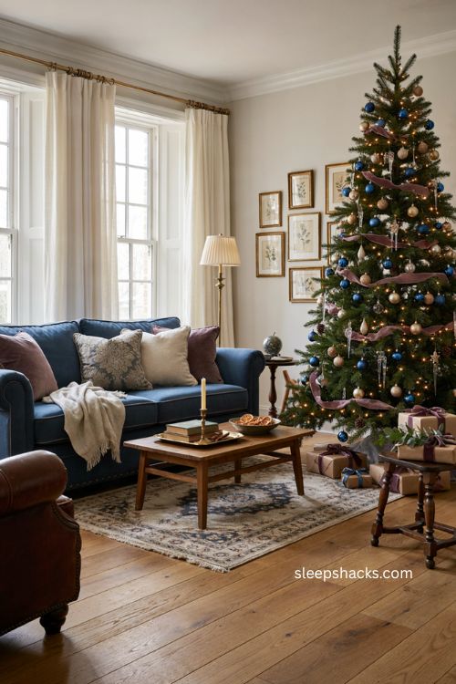 Christmas living room with blue plum and gold tree decorations matching the existing color palette