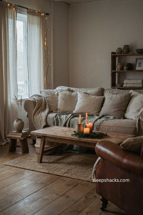 Christmas living room with chunky knit throws neutral pillows and flameless candles 