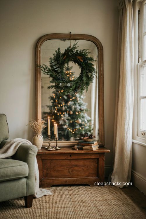 Christmas living room with evergreen wreath hanging on a vintage mirror