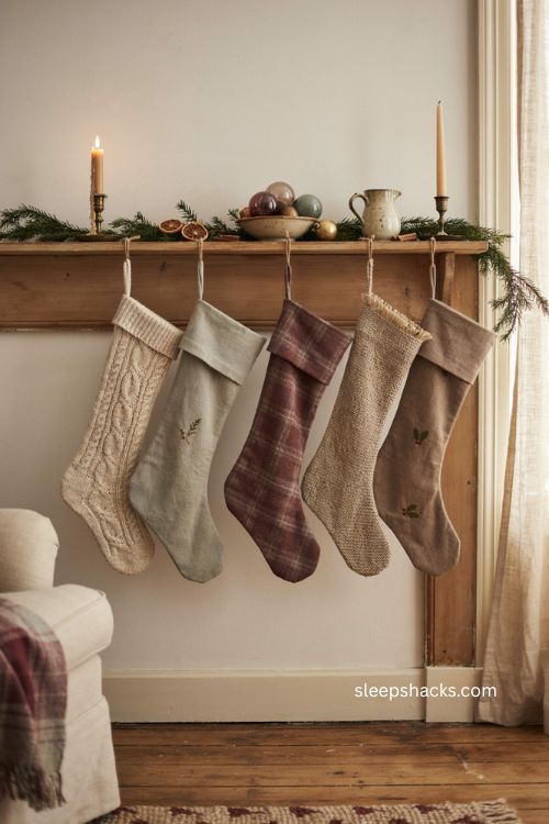 Christmas living room with mismatched cozy stockings on a vintage mantel 
