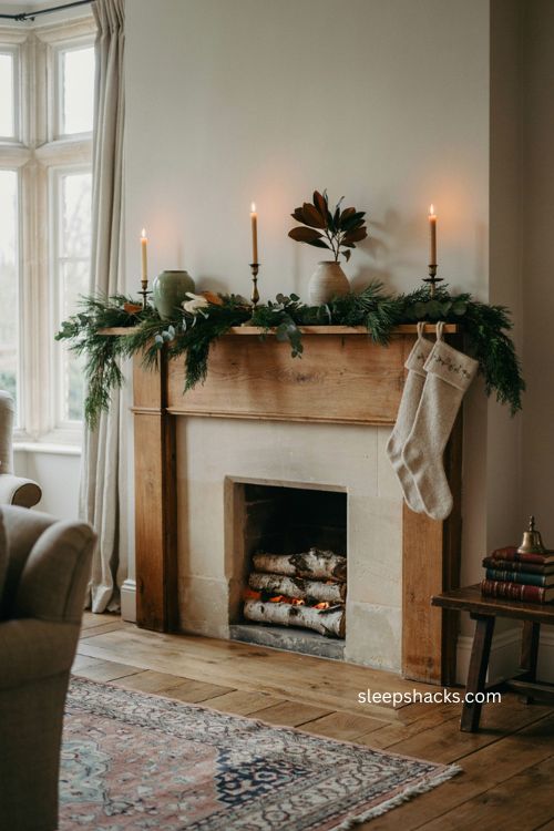 Christmas living room with mixed pine eucalyptus juniper and magnolia greenery 