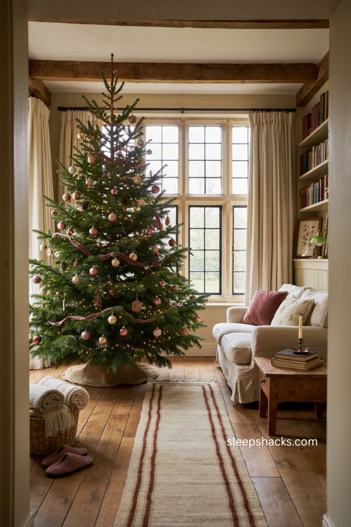 Christmas living room with tall tree scaled to high ceilings and cozy traditional decor