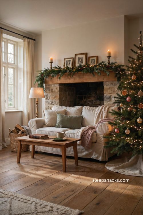 Christmas living room with warm tree lights garland vintage textures and cozy neutral decor