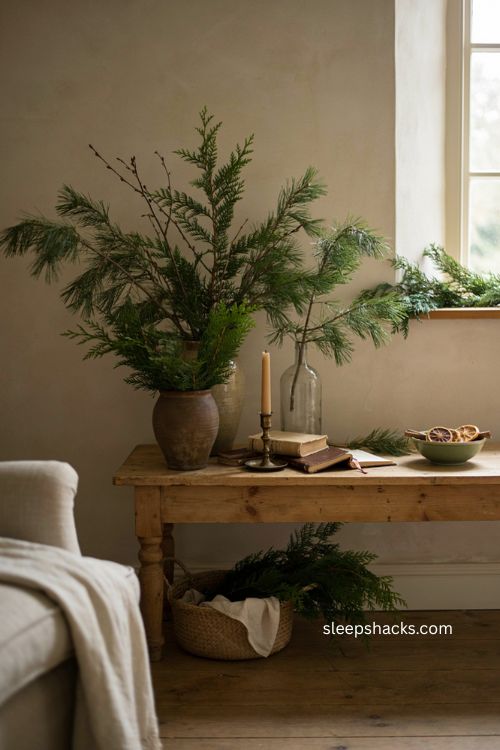 Christmas living room with winter greenery in vintage vases 