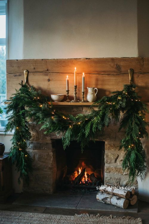 Christmas mantel with doubled evergreen garland pine sprigs and warm lights
