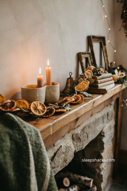 Christmas mantel with dried orange garland evergreen greenery and handmade holiday decor