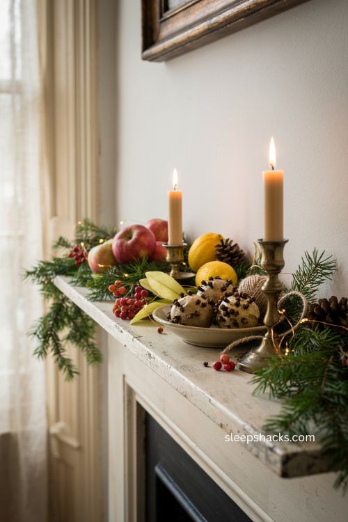 Christmas mantel with seasonal fruit magnolia pine and clove studded citrus pomanders