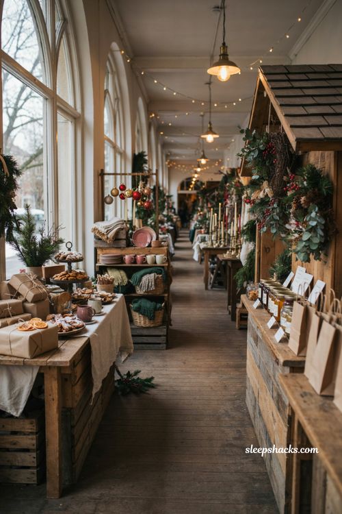 Christmas market local vendor stalls festival ideas with cozy holiday decor