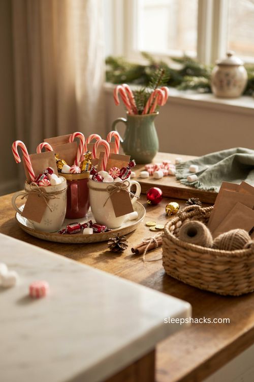 Christmas mug gift ideas with cocoa candy canes and cozy holiday treats 