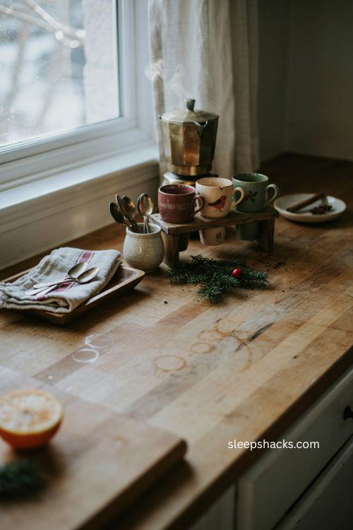 Christmas mugs displayed beside coffee maker on a cozy holiday kitchen counter 