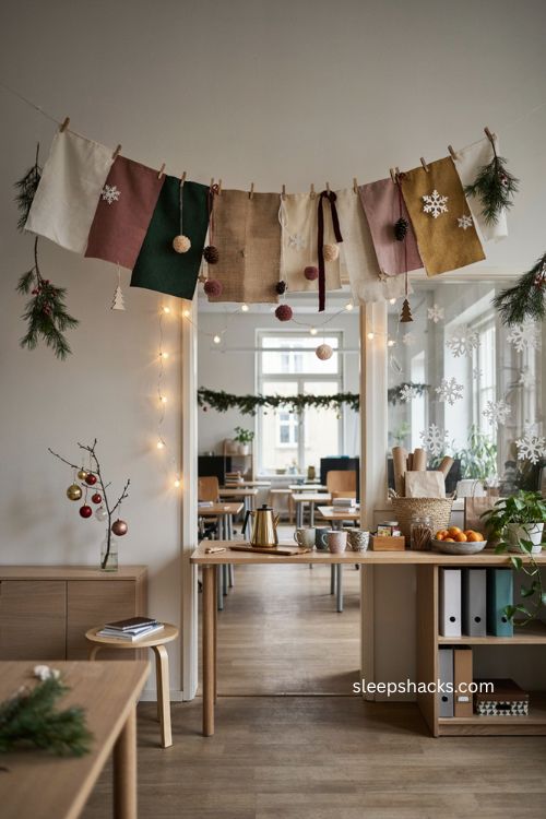 Christmas office banner decorating ideas with handmade festive break room decor 