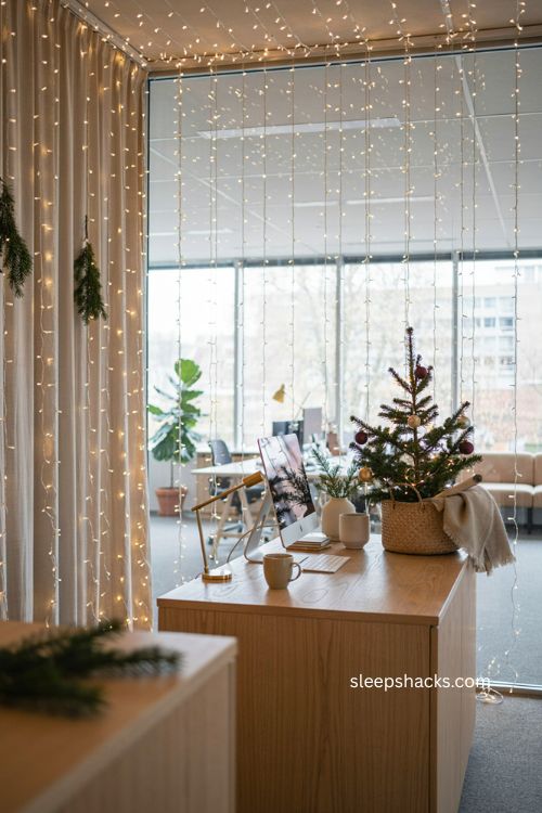Christmas office curtain light decorating ideas with warm glowing reception wall 