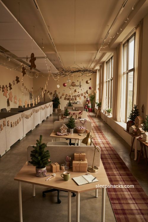 Christmas office decorating ideas for work with cozy gingerbread cubicles and festive desk decor