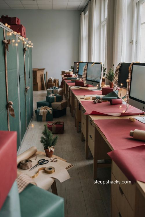 Christmas office desk decorating ideas with gift wrapped monitors desks and presents 