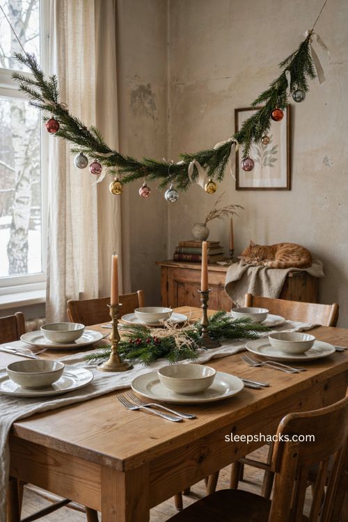 Christmas ornament garland hanging above dining table 