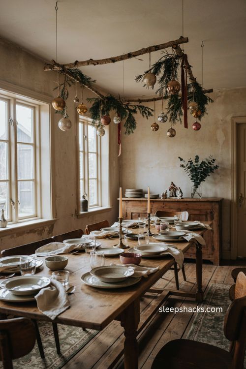 Christmas ornaments and greenery framing dining table from above 