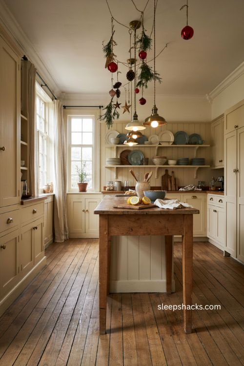 Christmas ornaments hanging above kitchen island 