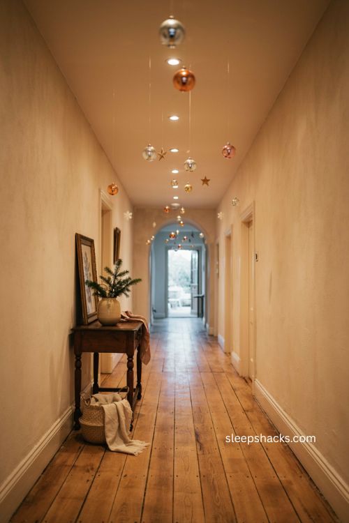 Christmas ornaments hanging alongside hallway ceiling lights 