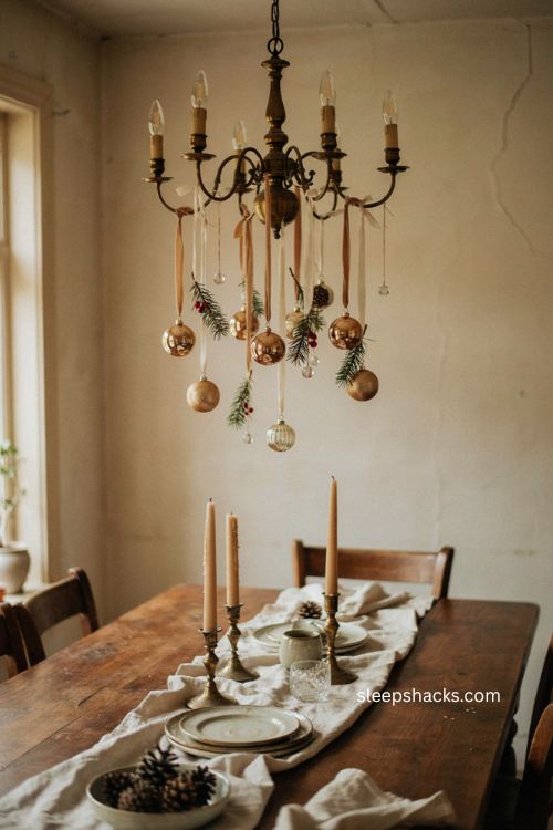Christmas ornaments hanging from a brass chandelier 