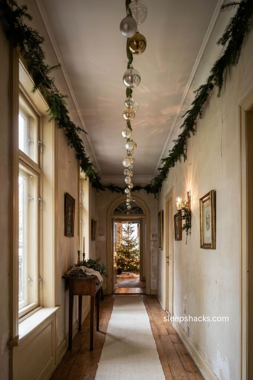 Christmas ornaments hanging from hallway ceiling with greenery 