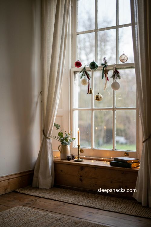 Christmas ornaments hanging in front of window 