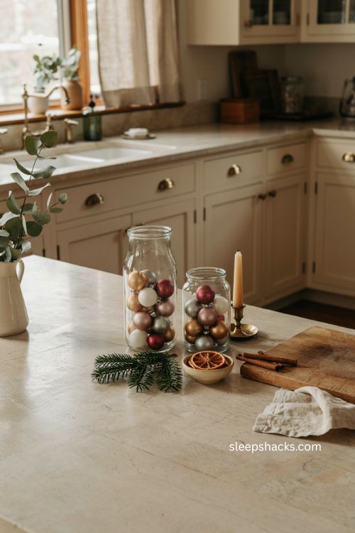 Christmas ornaments in glass jars for small kitchen counter decor 