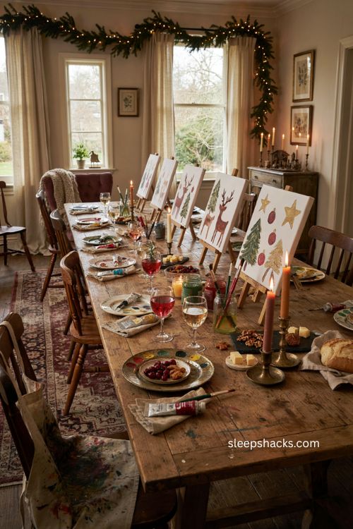 Christmas paint and sip party ideas for adults with cozy holiday decor 