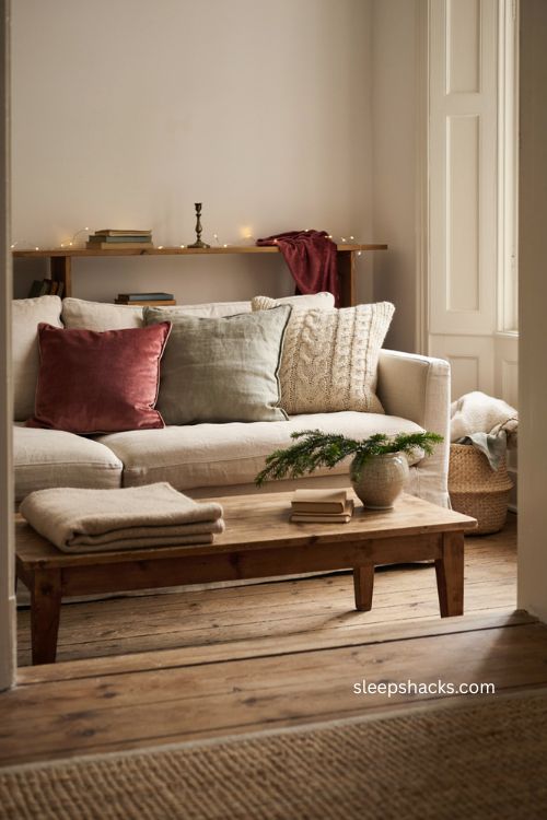 Christmas pillow cover ideas with cranberry velvet and sage green cushions for a small living room 