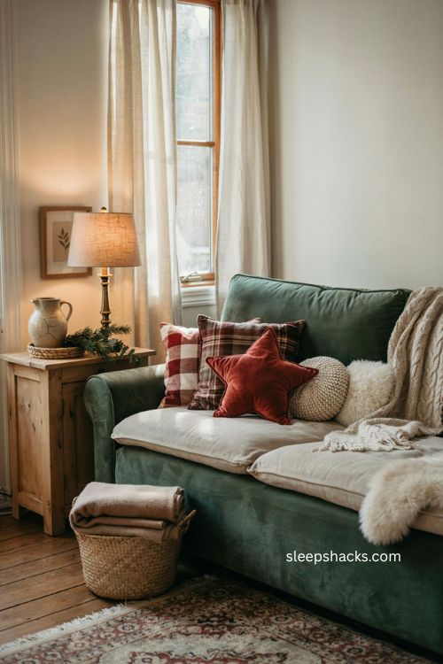 Christmas pillows cozy living room plaid faux fur velvet holiday decor