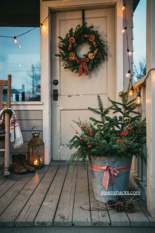 Christmas planters with fresh greenery and rustic bucket porch decor