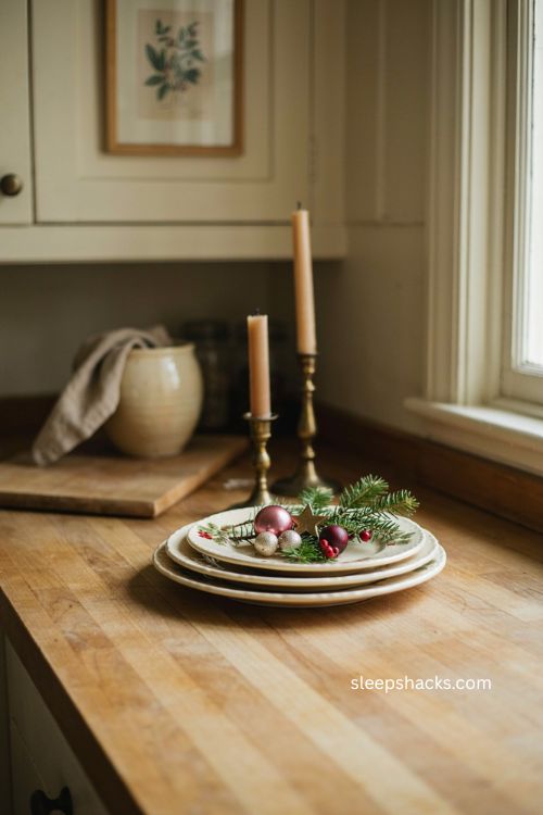 Christmas platters organizing cozy holiday decor on a kitchen counter 
