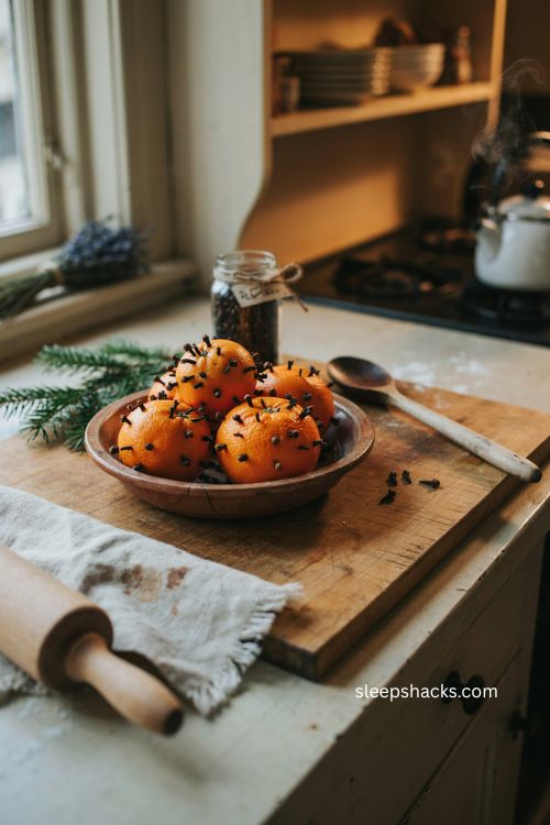 Christmas pomander bowl with clove studded oranges on kitchen counter 