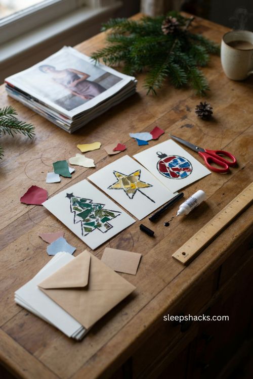 Christmas recycled magazine collage cards with handmade paper tree star ornament shapes and cozy craft supplies 