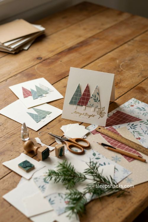 Christmas scrapbook paper tree cards with layered cardstock patterned paper and cozy handmade craft supplies 