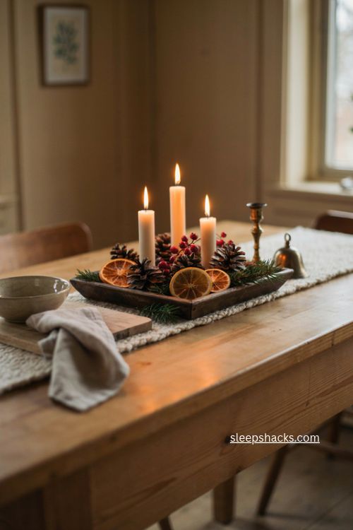 Christmas sideboard candle tray with pinecones berries and dried oranges