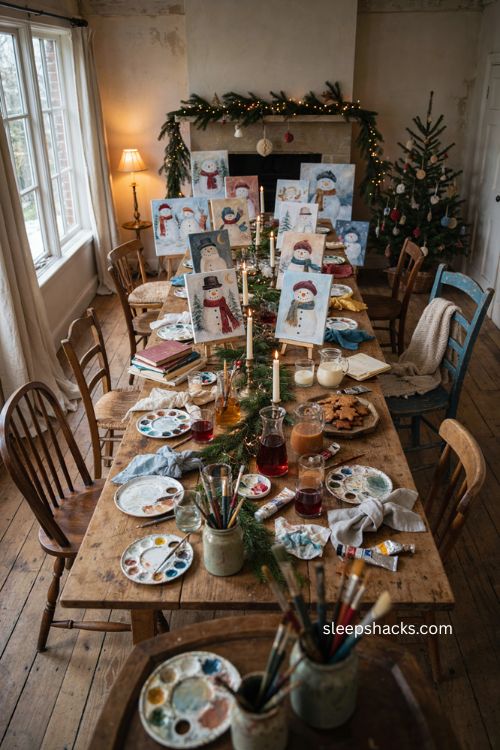 Christmas snowman painting party setup with cozy winter decor 