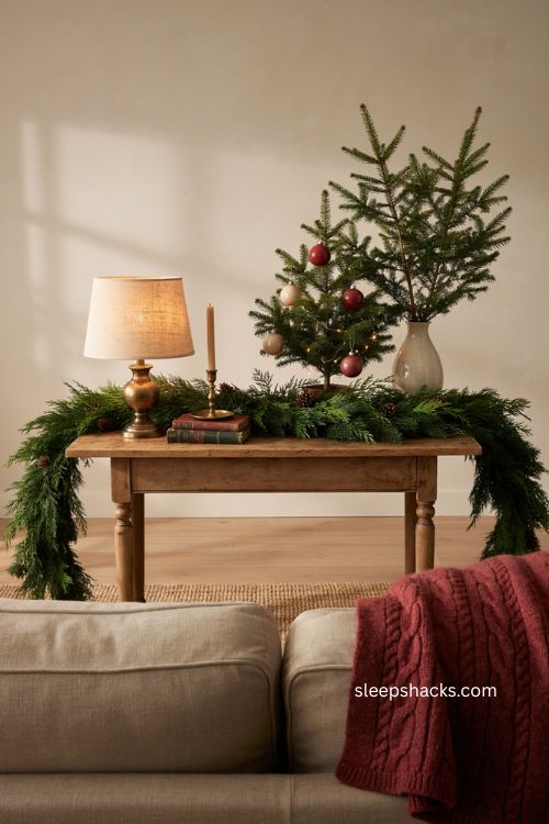 Christmas sofa table decor ideas with table lamp small tree and layered height