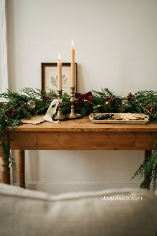 Christmas sofa table decor with functional tray cozy garland and farmhouse style