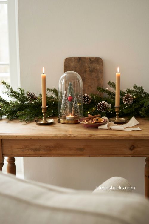 Christmas sofa table decor with glass cloche miniature snowy scene and garland