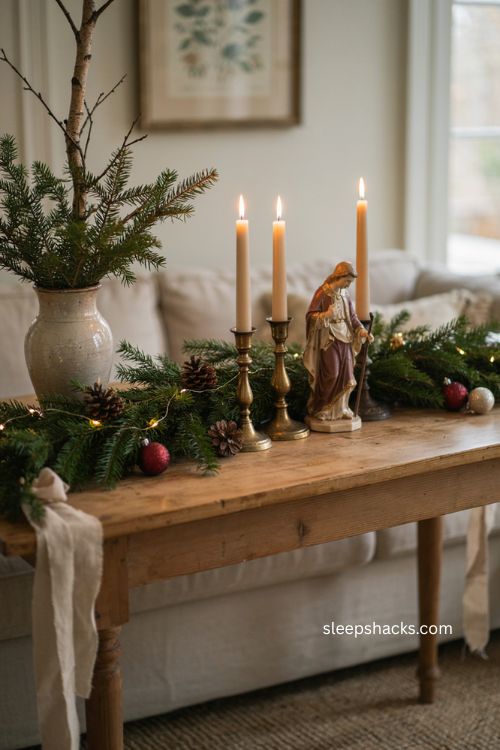 Christmas sofa table decor with large statement pieces and uncluttered garland