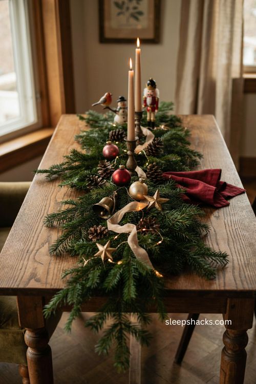 Christmas sofa table decor with odd number ornament groupings and cozy garland