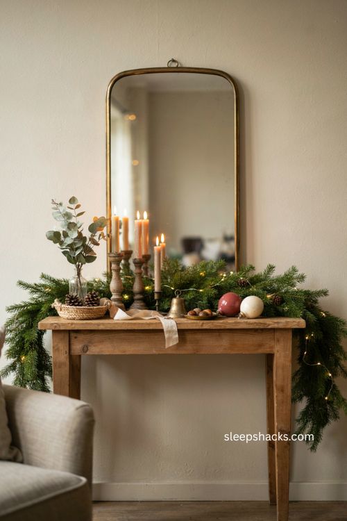 Christmas sofa table decor with vintage mirror garland and warm candlelight
