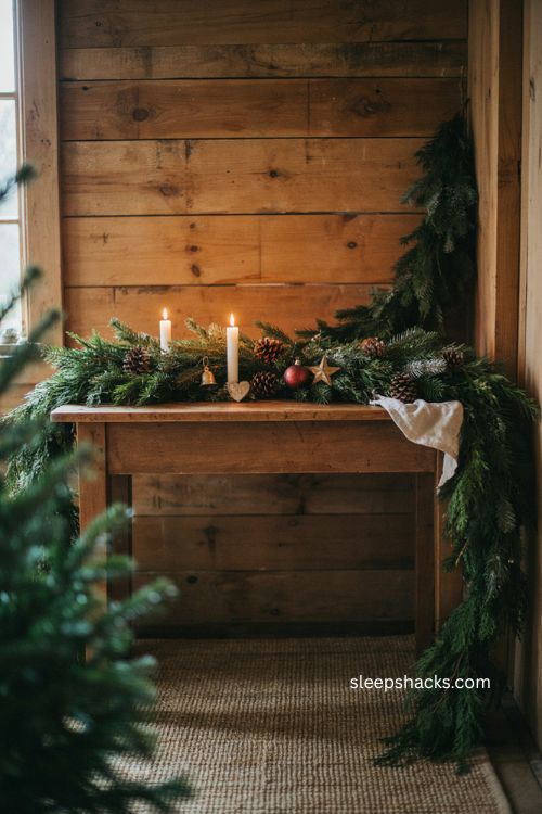 Christmas sofa table garland decor ideas with lush greenery and cozy farmhouse style