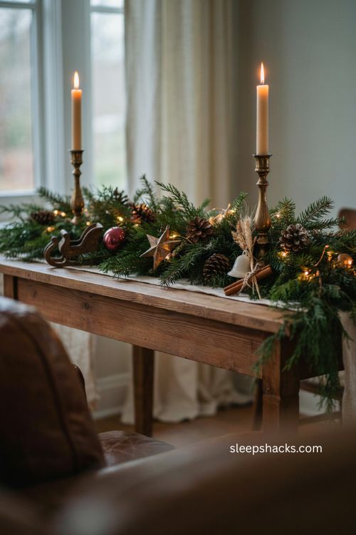 Christmas sofa table lighting ideas with warm garland lights and candle decor