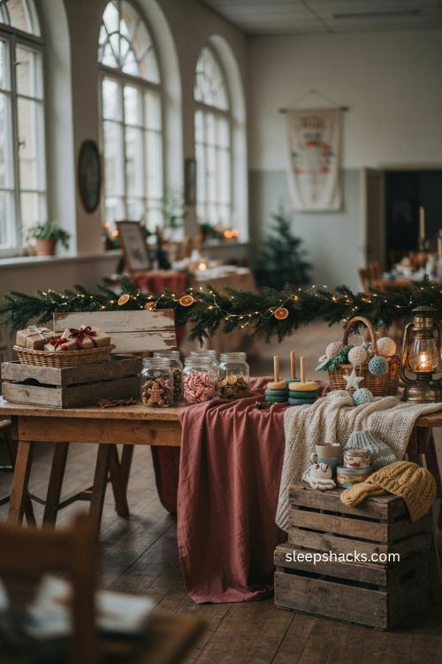 Christmas stall ideas with cozy festive market table and handmade decorations 
