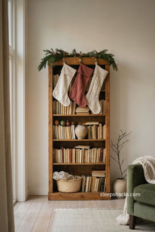 Christmas stockings without a mantel hung on a bookshelf in a small living room 
