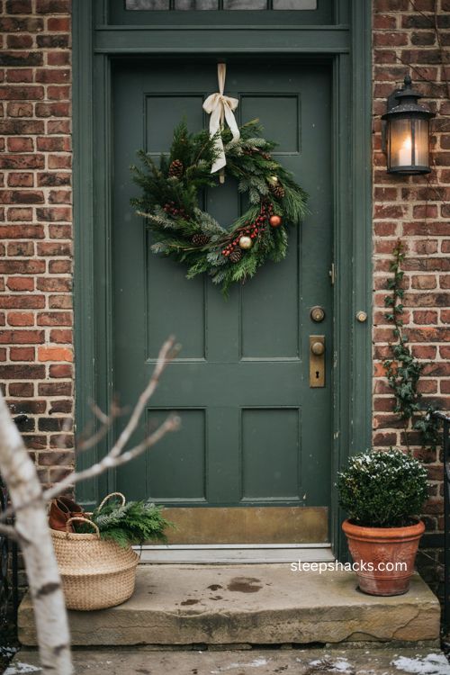 Christmas swag for front door with layered greenery pinecones berries and festive ribbon